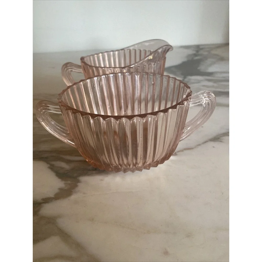 Pink Depression Pressed Glass Sugar Bowl Creamer Art Deco